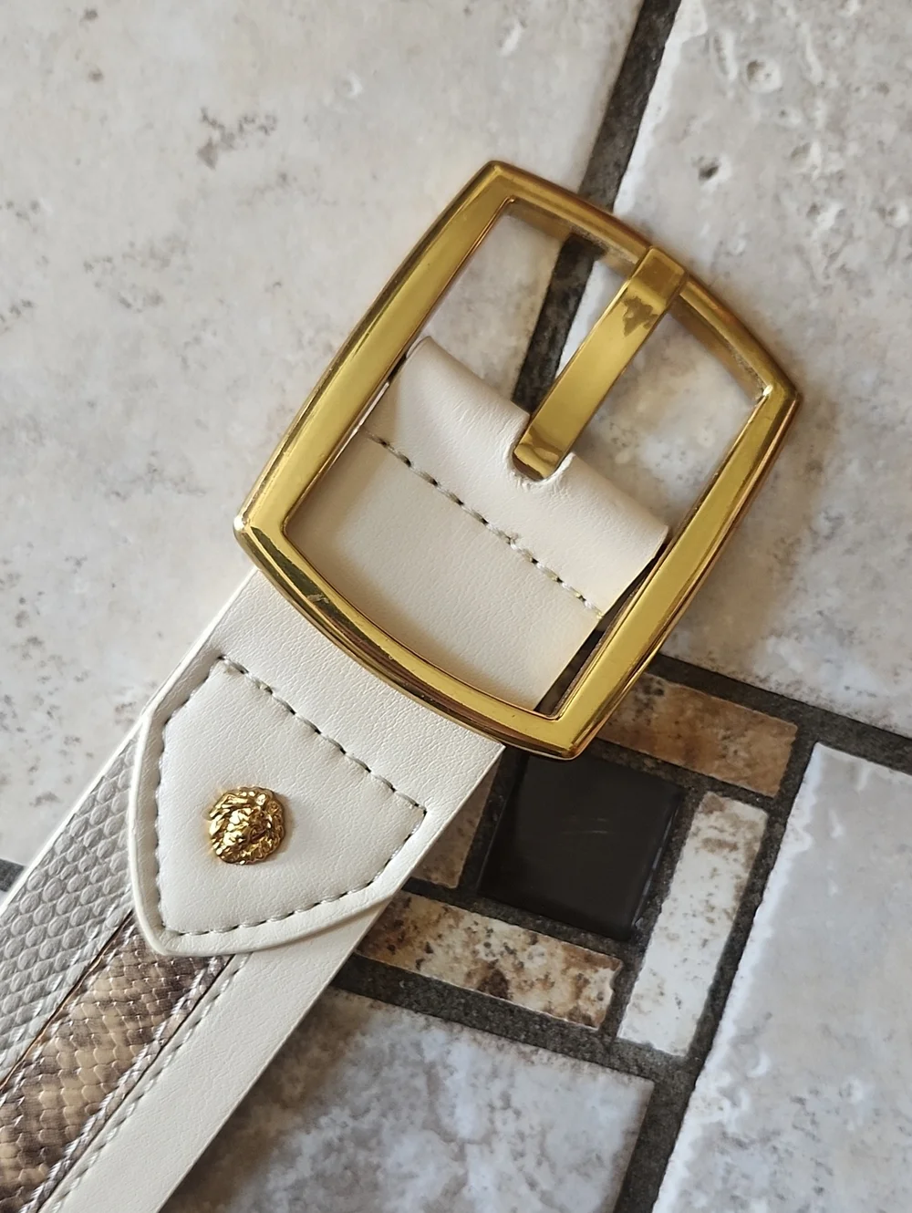 NWT Anne Klein Beige Faux Leather Belt with Gold Buckle and Snake-Print Inlay